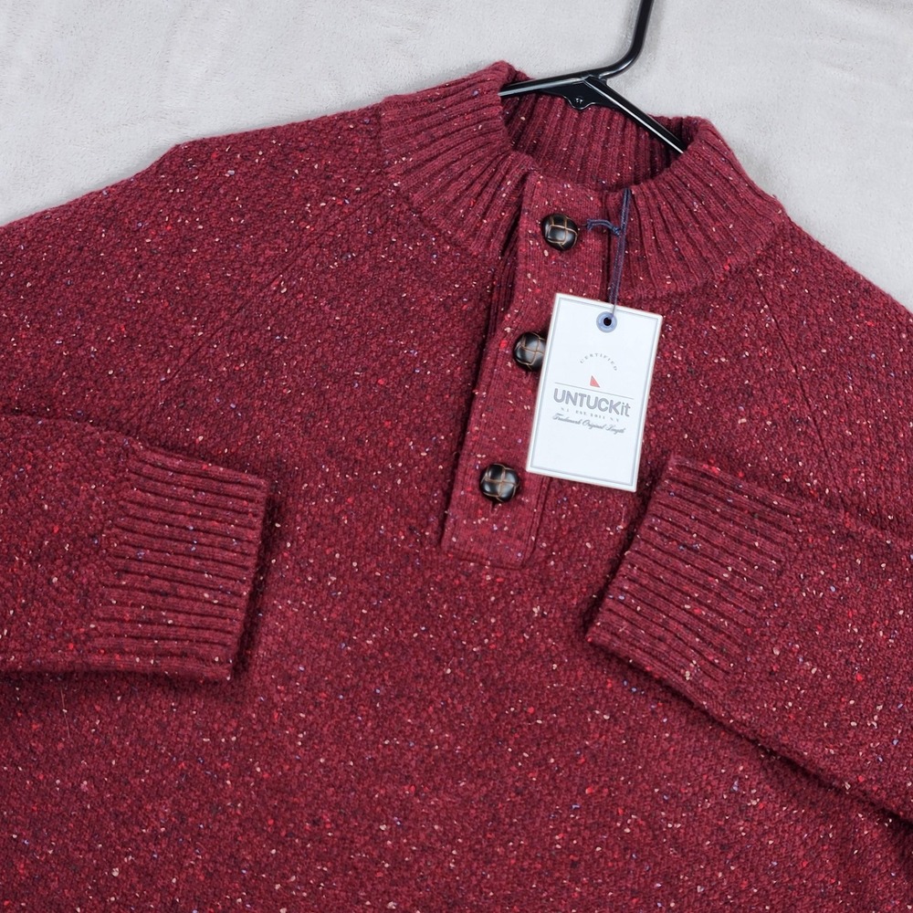 UNTUCKit Sweater Mens Large Red Speckled Gordonne Lambswool Mock Neck Henley